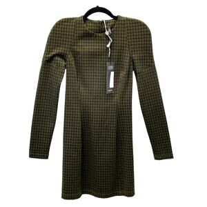 Plein Sud Green and Black Houndstooth Long Sleeve Dress Hidden Zipper S 8 NWT